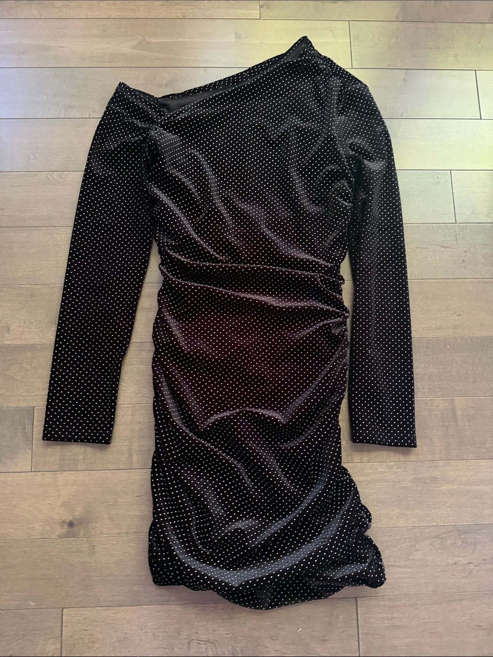 Zara Black Velvet Long-Sleeve Mini Dress with Silver Dot Accents XS